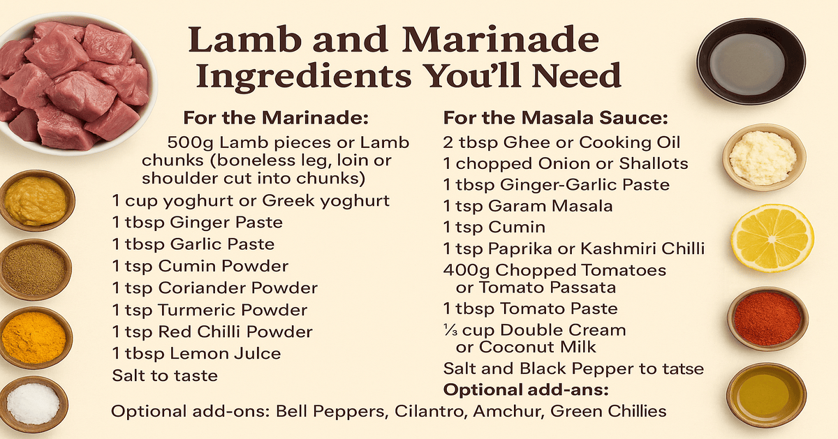 Lamb marinade and masala sauce ingredients list with spices, yoghurt, lamb chunks, and optional add-ons.